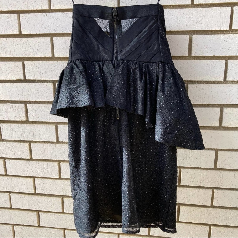 Alice+Olivia Jessie Lace overlay dot peplum strapless cocktail black dress-4 - Picture 11 of 12